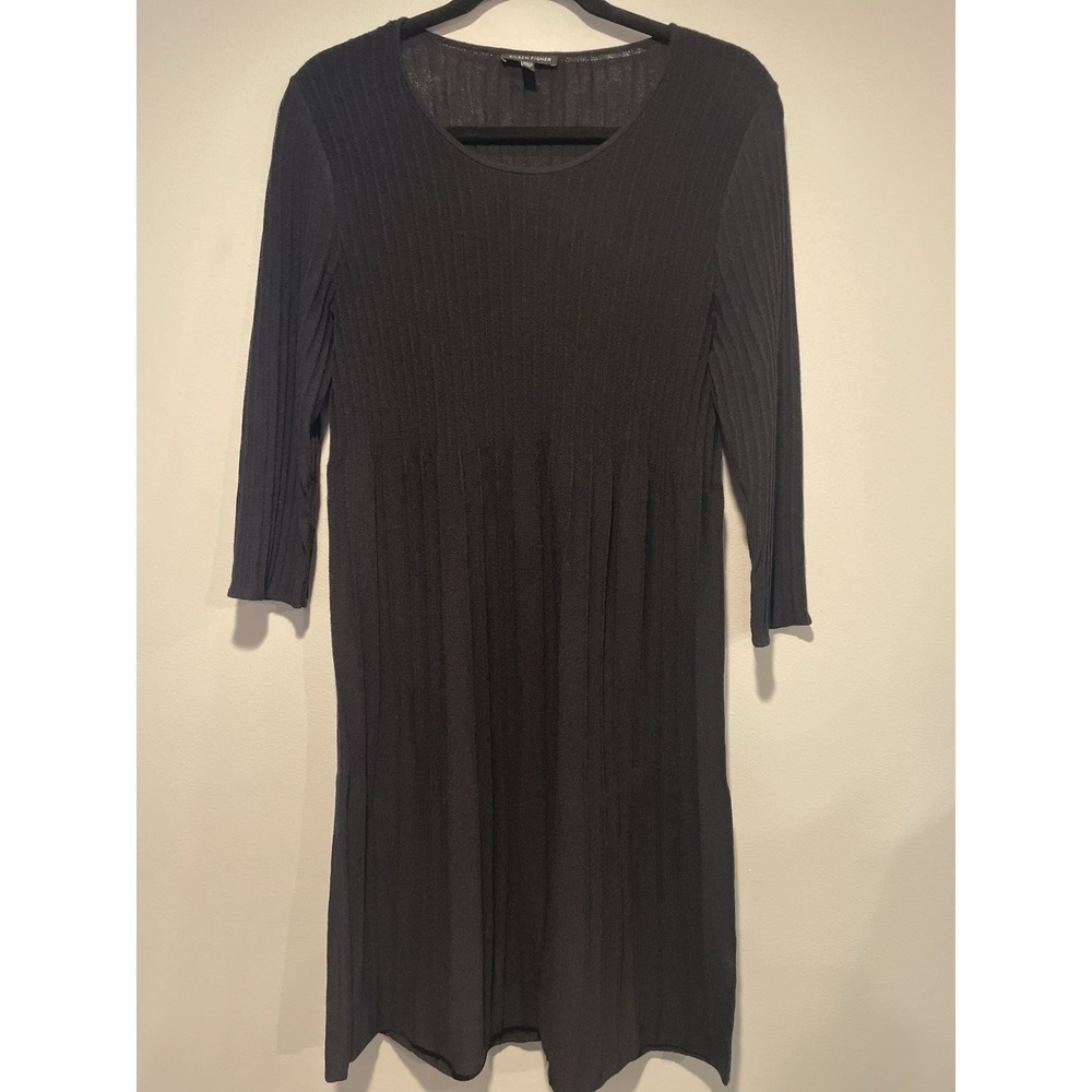 EILEEN FISHER Women's Wool Ribbed Knit Dress  scoop neck Black Size Small